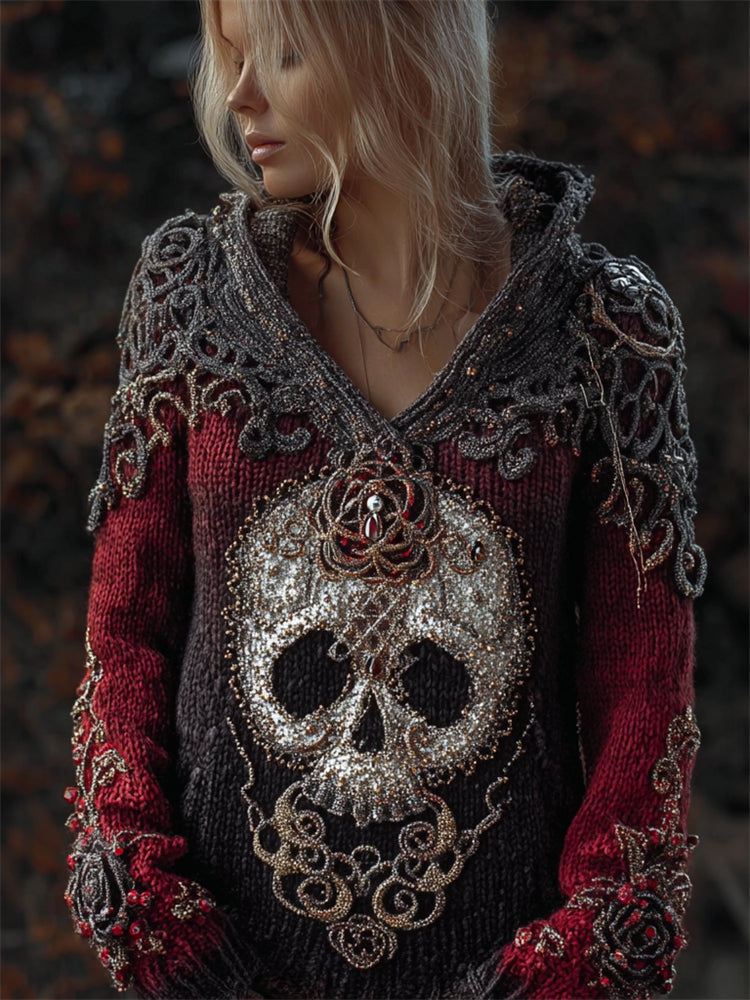 Elegant Skull & Roses Beaded Celtic Gradient Cozy Knit Hooded Sweater