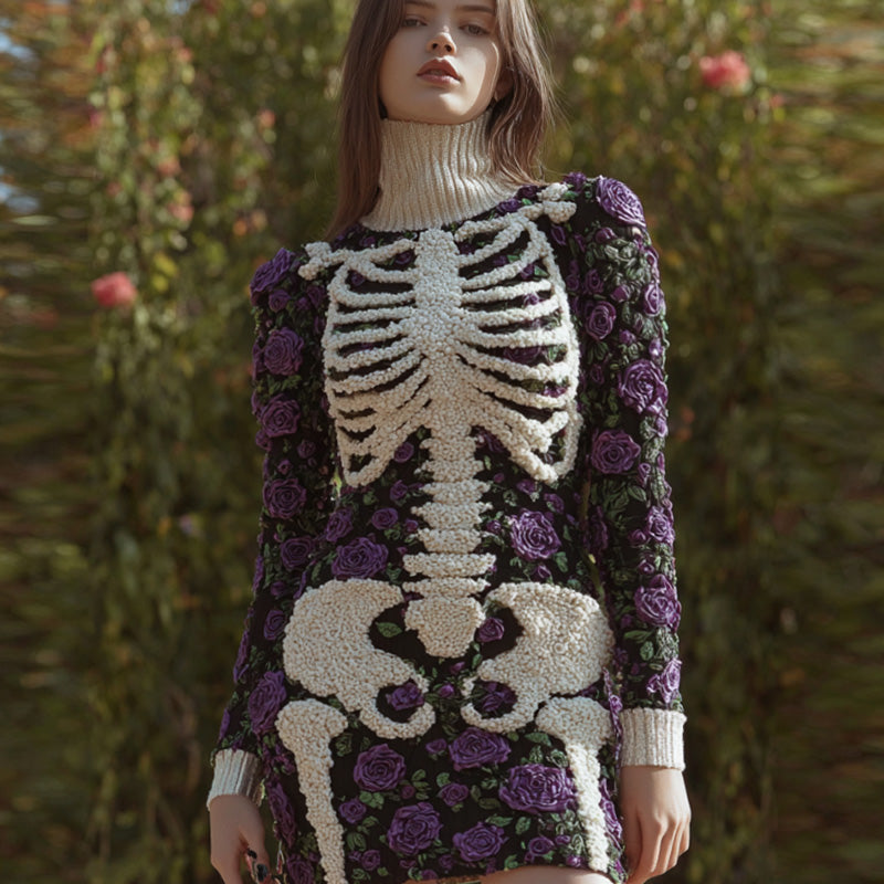 Women's Vintage Halloween Skeleton Bones With Rose Art Cozy Knit Mini Sweater Dress