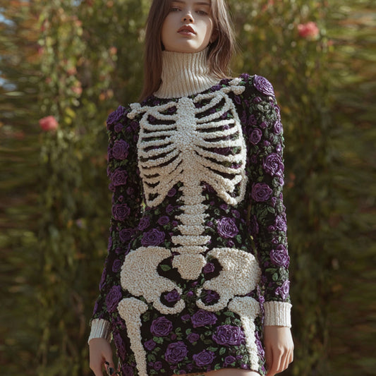 Women's Vintage Halloween Skeleton Bones With Rose Art Cozy Knit Mini Sweater Dress