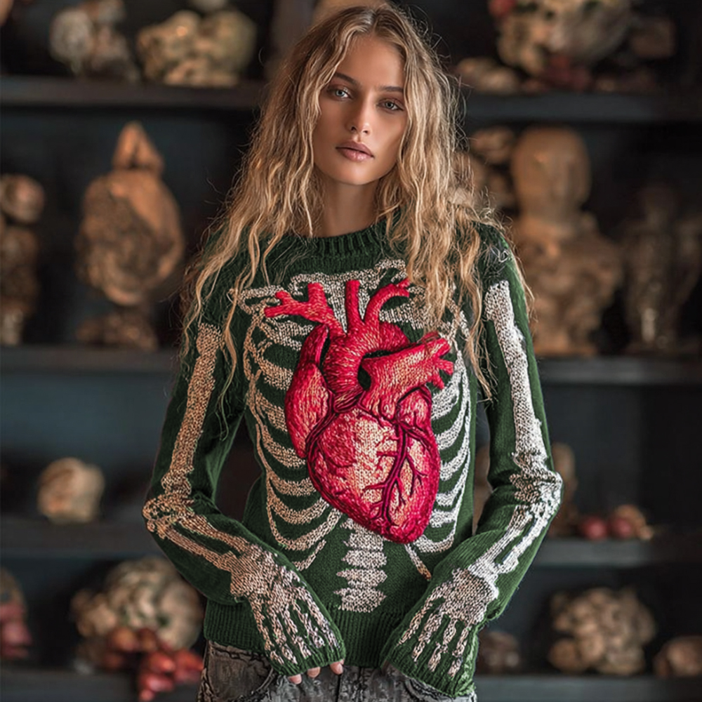 Women Halloween Human Bones Beating Red Heart Embroidery Antique Round Neck Sweater