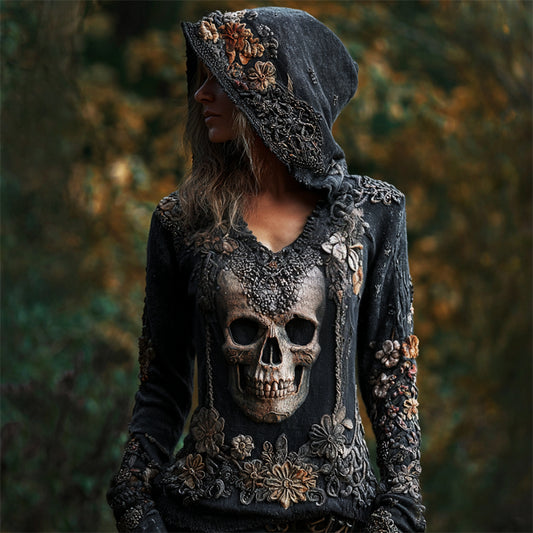 Vintage Skull Floral Beaded Slim Fit Hooded T Shirt