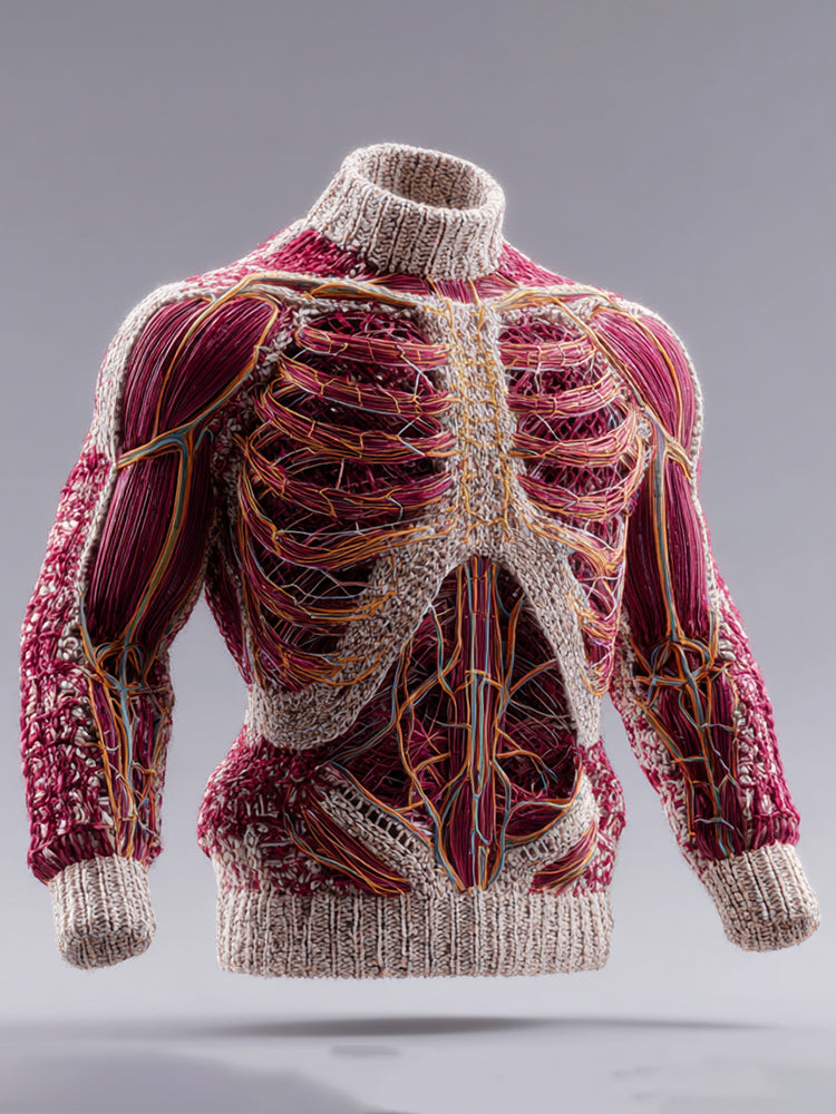 Men's Vintage Muscles Blood Vessels Art Jacquard Cozy Knitted Turtleneck Sweater