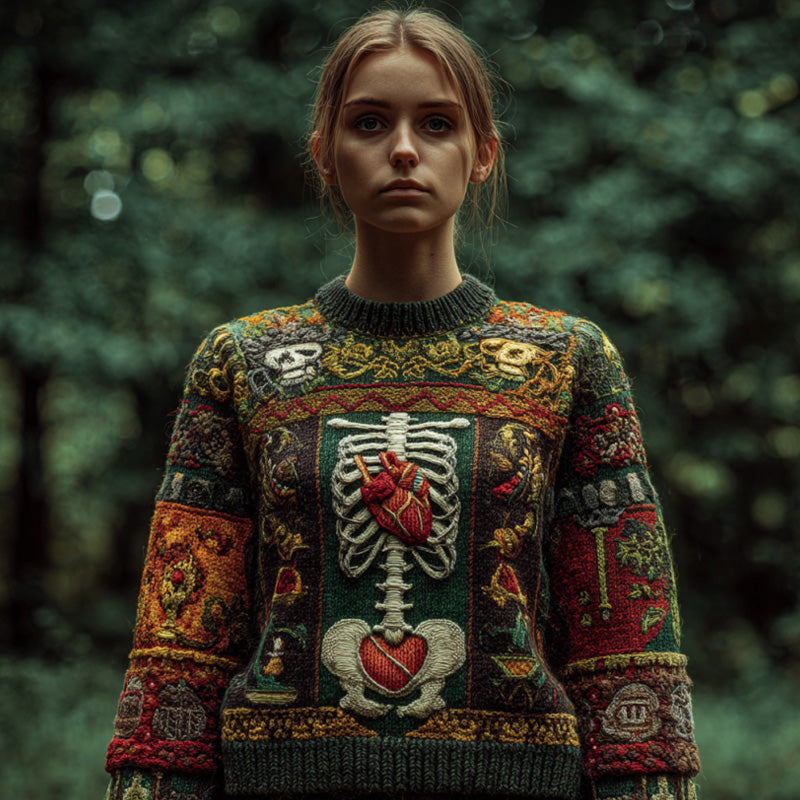 Vintage Halloween Anatomical Heart And Floral Art Sweater