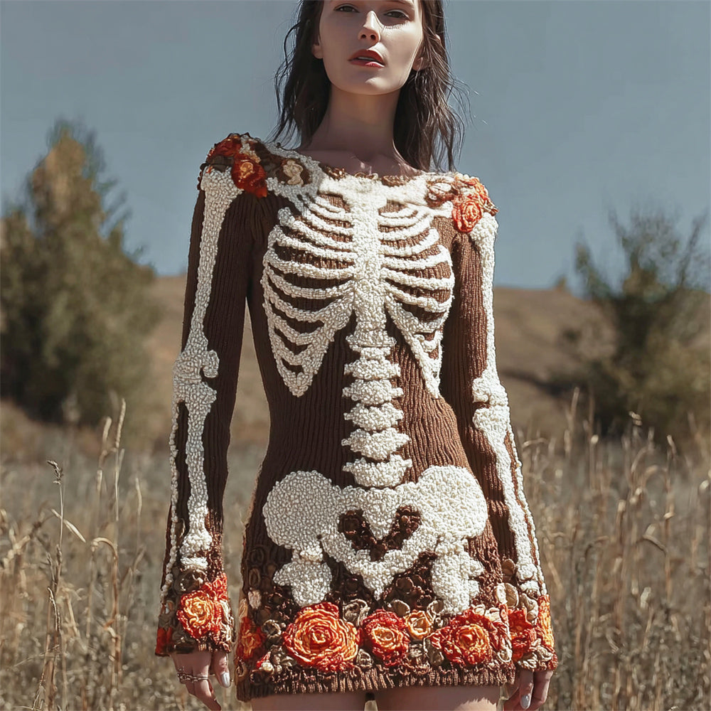 Halloween Skeleton & Floral Art Women's Knit Mini Dress