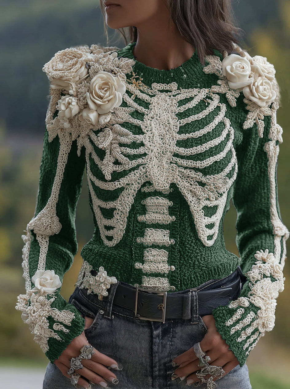 Women's Halloween Skeleton Bones With Roses Art Knitted Warm Sweater