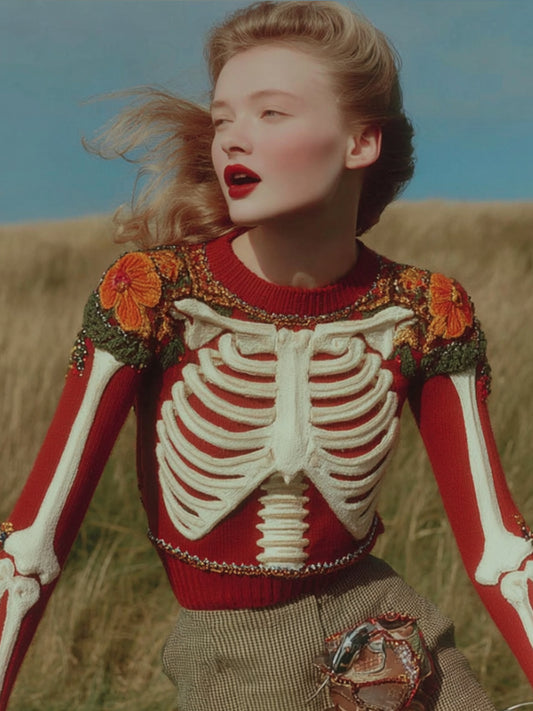 Women's Artistic Sense Halloween Human Anatomy And Flower Round Neck Sweater