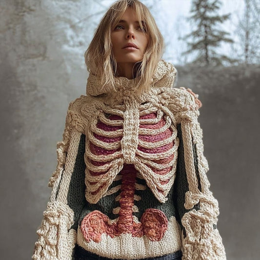 Women Halloween Human Anatomy Coarse Needle Hooded Sweater