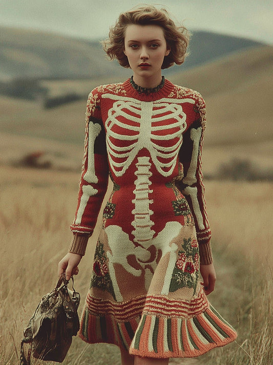 Women's Vintage Skull Rib Pattern Color Block Knit Mini Dress