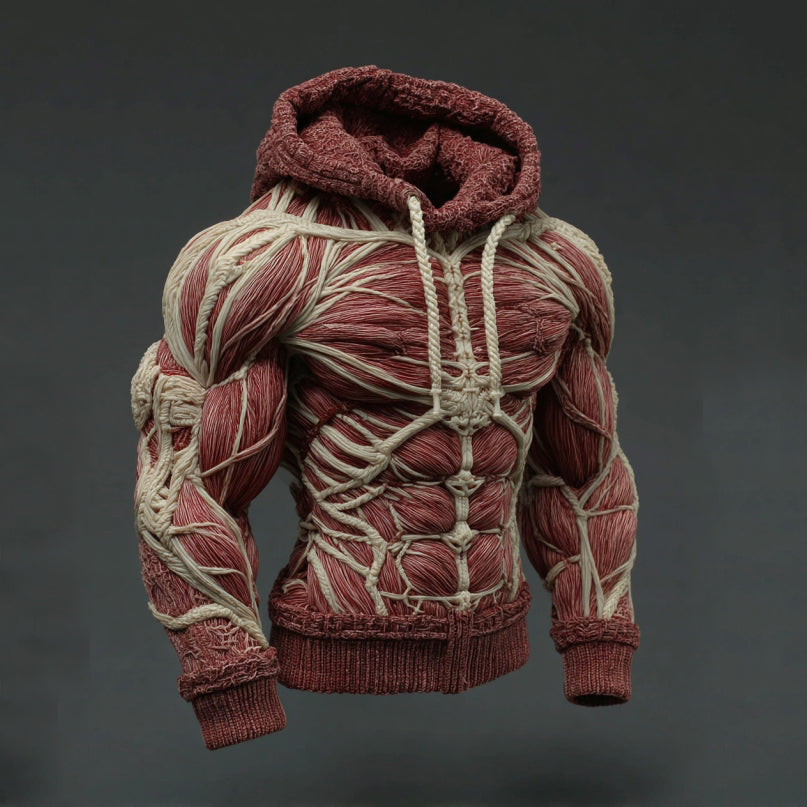 Men's Vintage Muscles Art Jacquard Cozy Hooded Sweater
