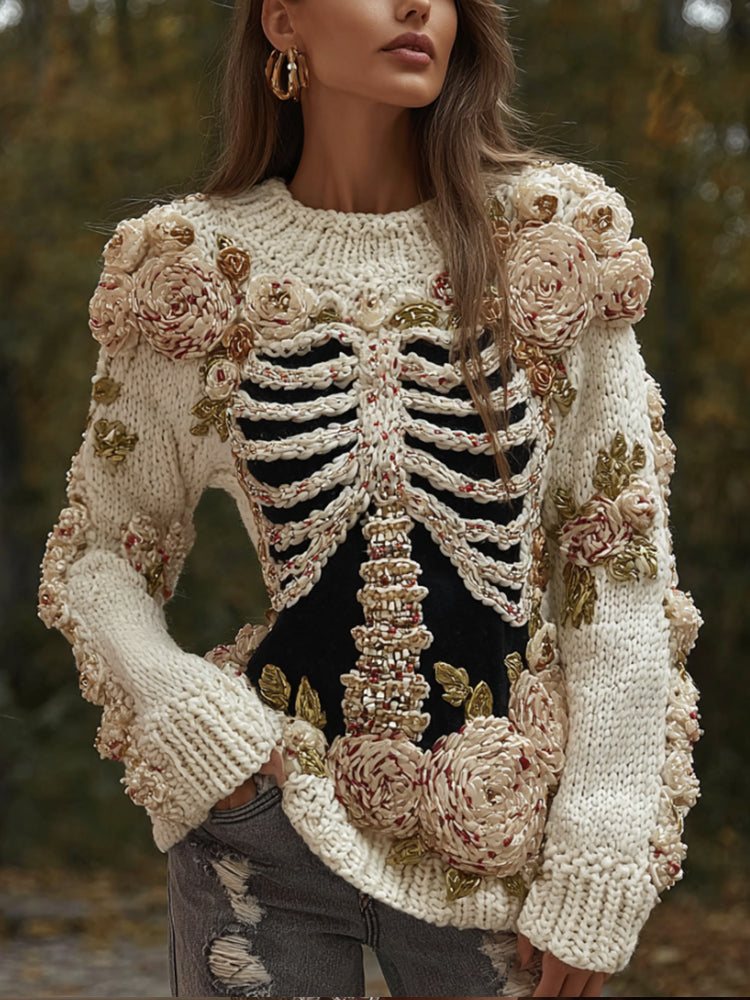 Women's Halloween Skeleton 3d Rose Retro Sweater