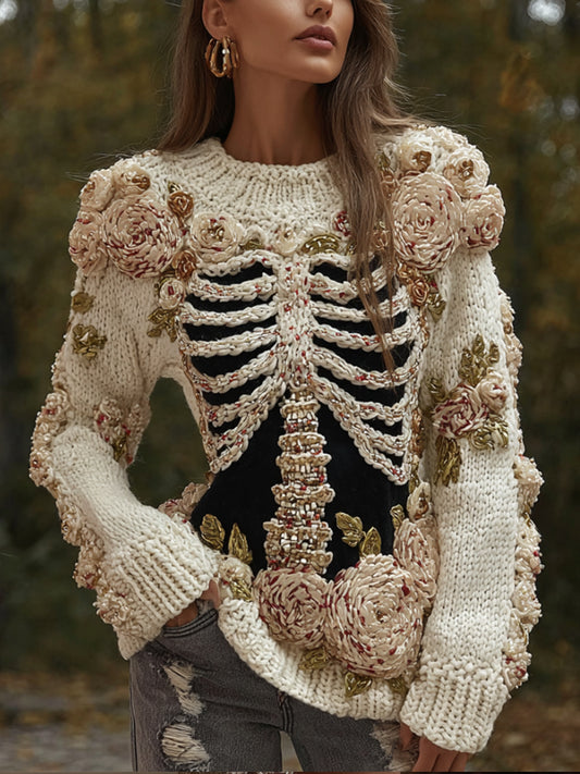 Women's Halloween Skeleton 3d Rose Retro Sweater
