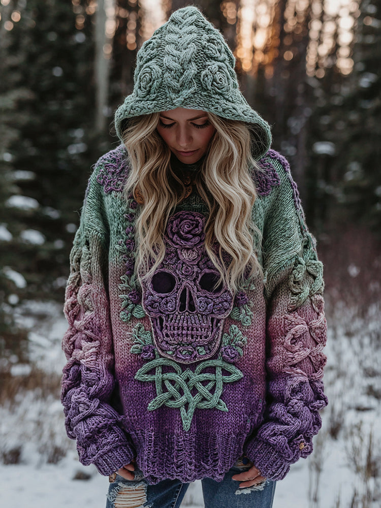 Women's Viking Tribal Jacquard Celtic With Rose And Skull Inspired Chunky Knit Hooded Sweater