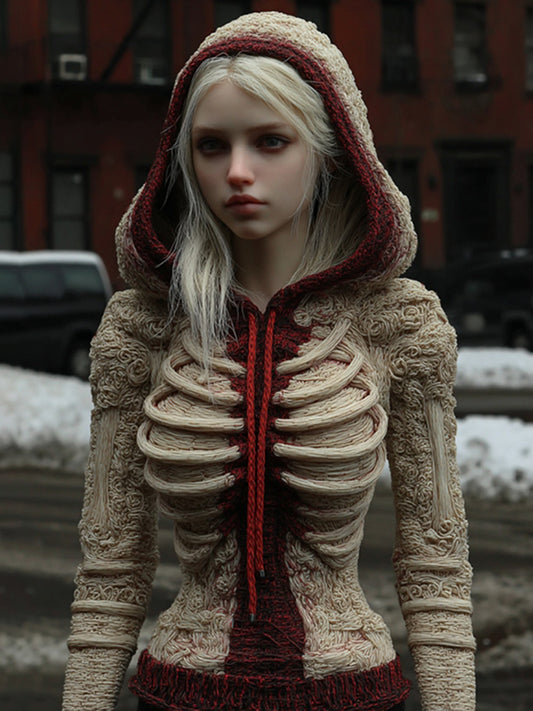 Women's Vintage Halloween Skeleton Color Block Knit Hooded Sweater