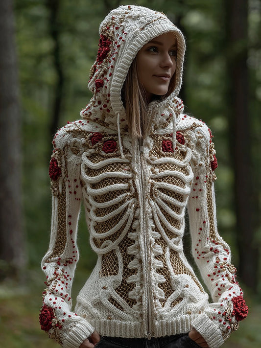 Women's Halloween Skull And Roses Mesh Zip-up Sweater