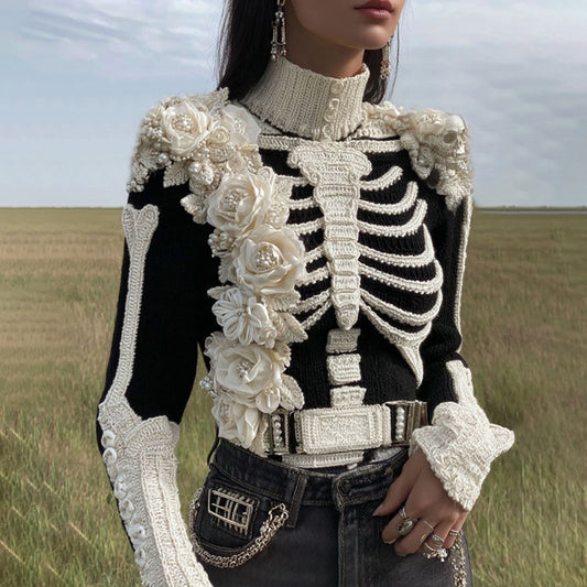 Women's Vintage Skeleton & Rose Art Cozy High Neck Sweater