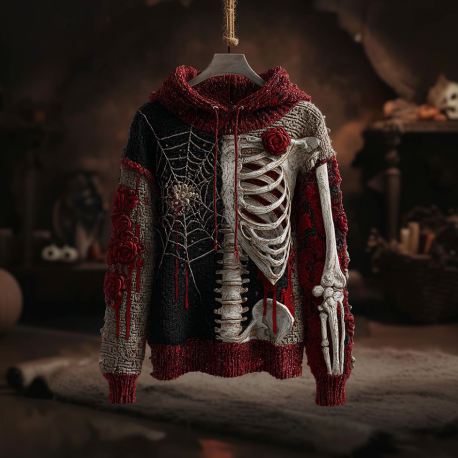 Halloween Spider And Skeleton Skeleton Design Men's Hooded Knit Sweater