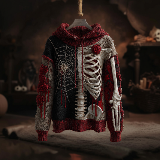 Halloween Spider And Skeleton Skeleton Design Men's Hooded Knit Sweater