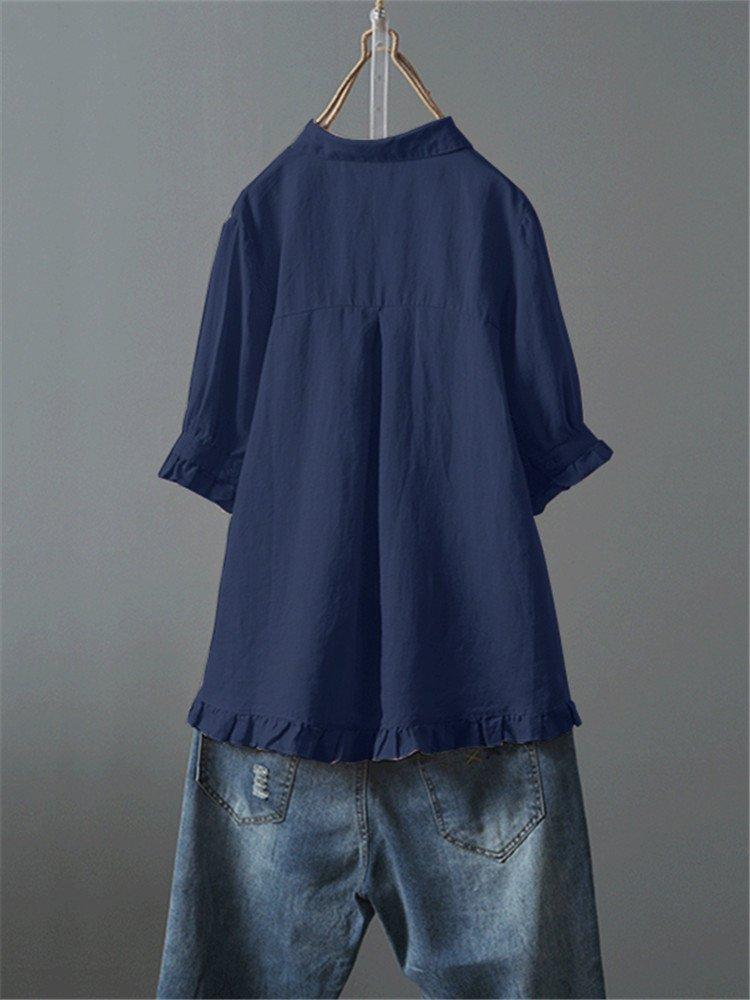 Solid Casual 3/4 Sleeve Turn-down Collar Tops