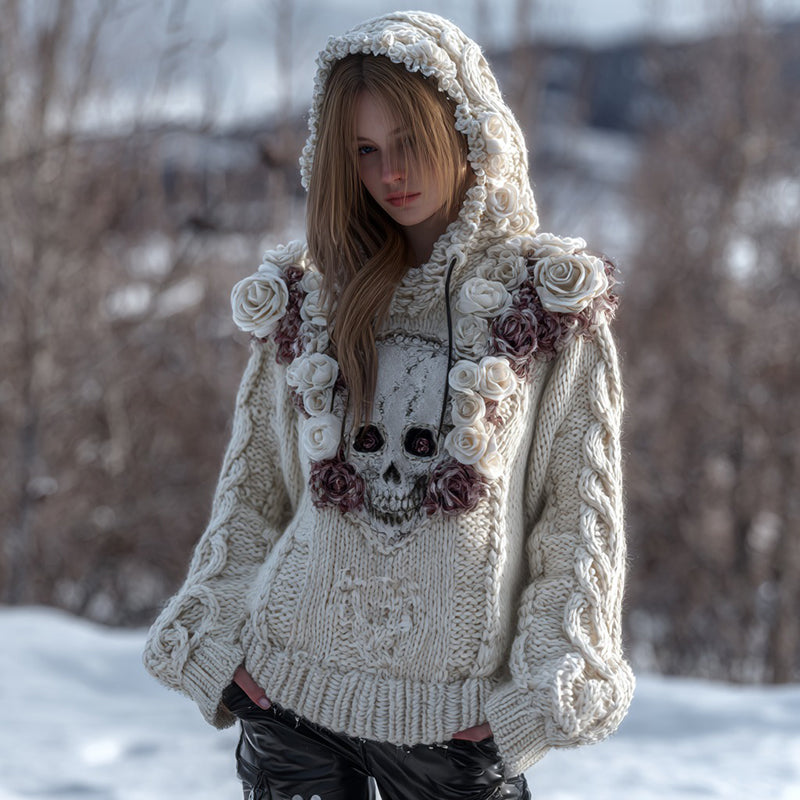 Vintage Viking Celtic White Rose Skull Cozy Knit Hooded Sweater