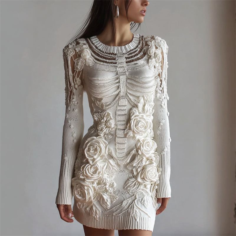 Classy Glitter Beaded Skeleton White Roses Knit Sweater Dress