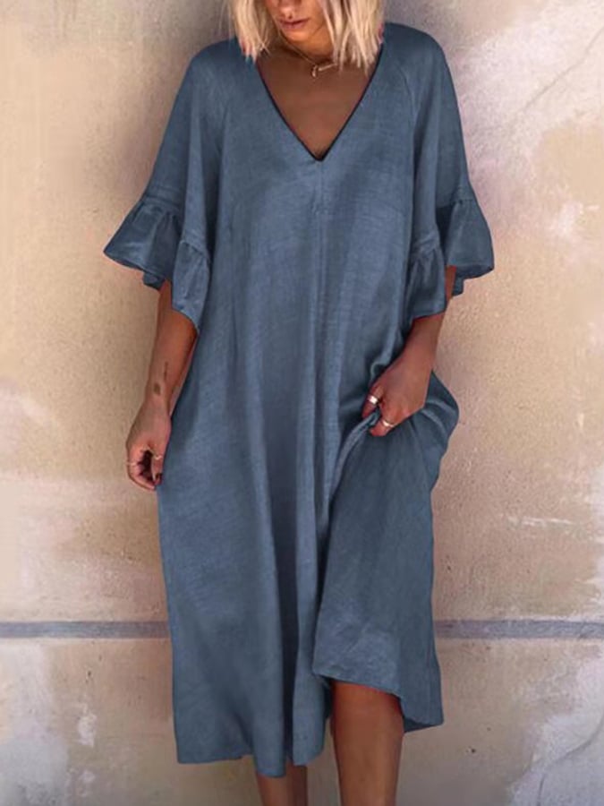 Women's Cotton Linen V-Neck Ruffled Three-quarter Sleeve Midi Dress