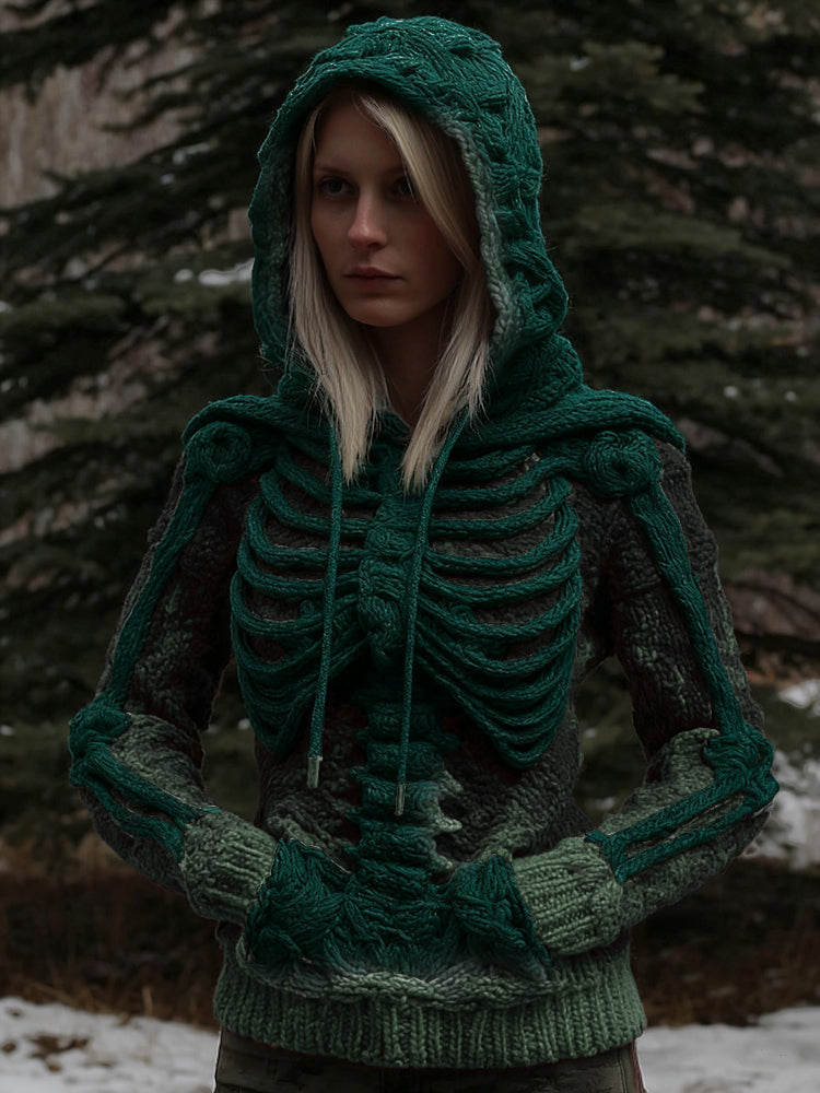 Women's Vintage White Skeleton Gradient Art Cozy Hooded Sweater