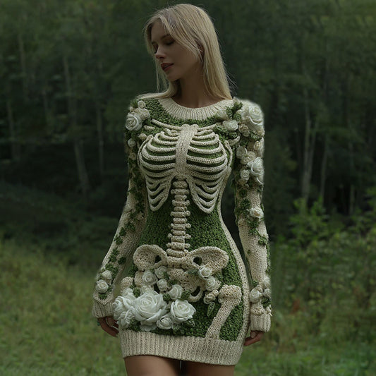 Women's Vintage Skeleton With White Rose Art Cozy Sweater Dress