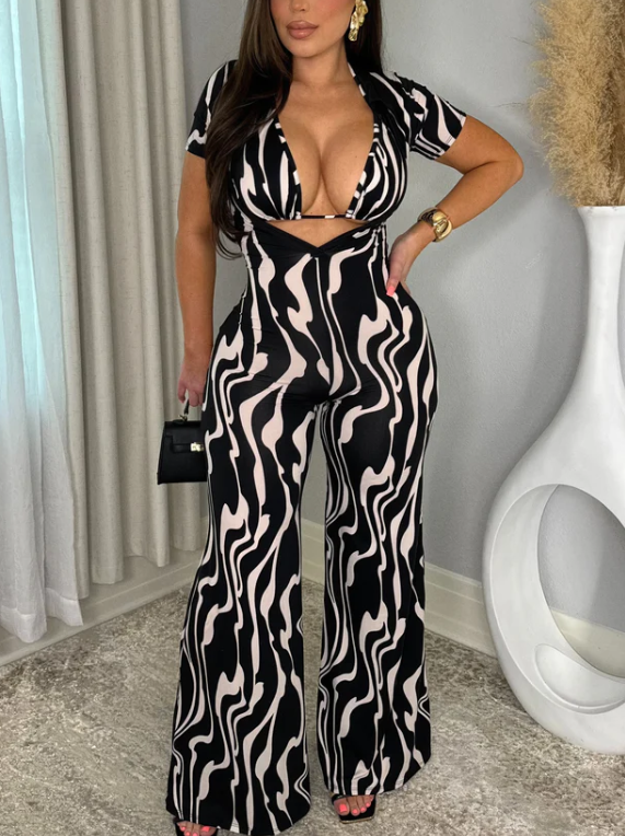 Leopard Animal Print Short Sleeve Jumpsuit