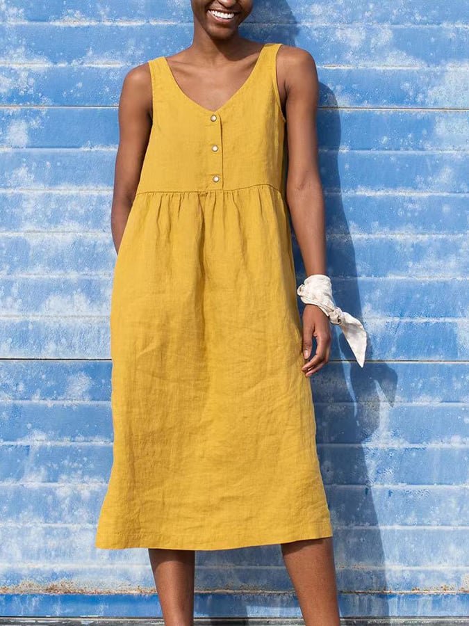 Solid Loose V-Neck Pleated Cotton Linen Dress