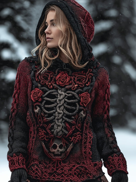 Retro Bones & Roses Chunky Cozy Knit Hooded Sweater