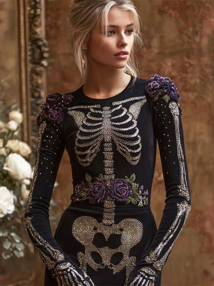 Elegant Skull Floral Sequin Art Women's Maxi Dress