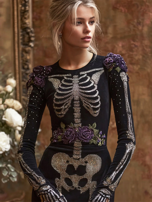 Elegant Skull Floral Sequin Art Women's Maxi Dress