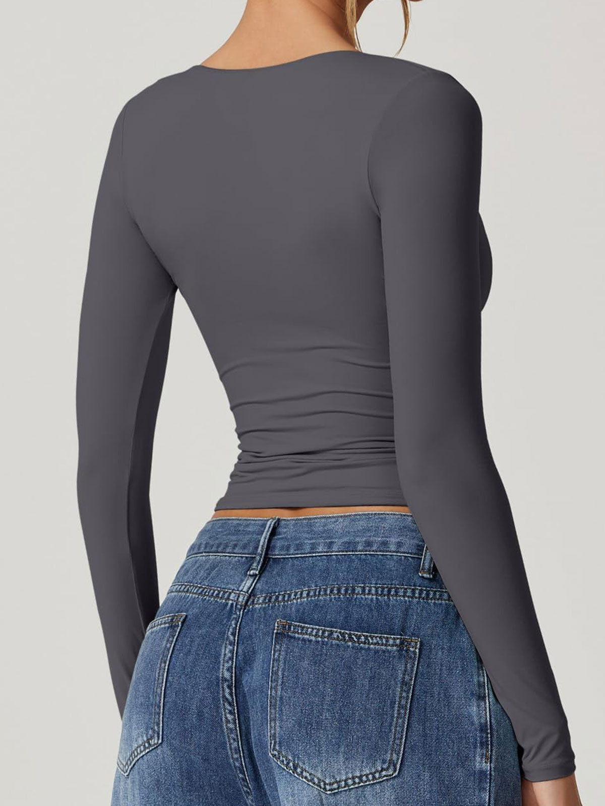 Long Sleeve V Neck T Shirts Double Lined Crop Top Seamed Cup Going Out Tops