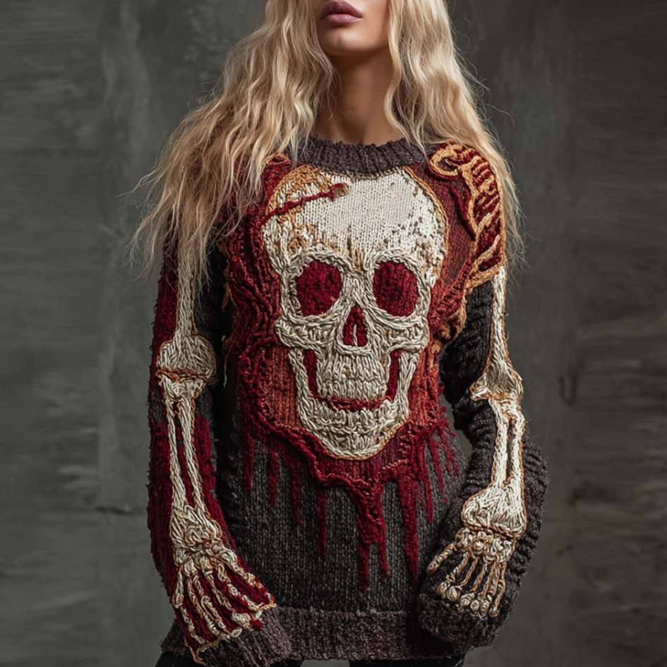 Halloween Skeleton Pattern And Bone Pattern Design Women's Round Neck Sweater
