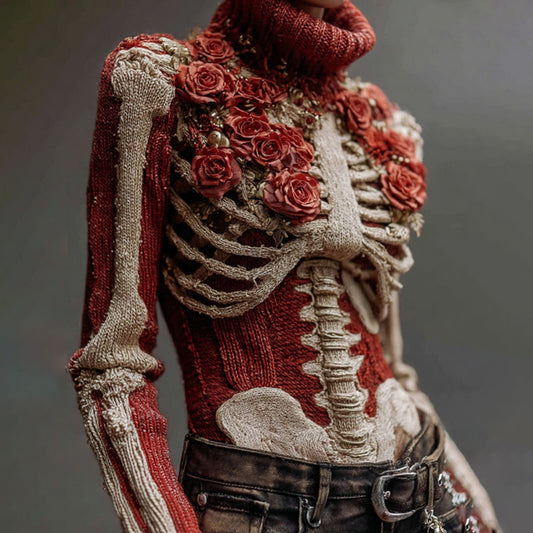 Women's Vintage Skeleton & Rose Art Cozy High Neck Sweater
