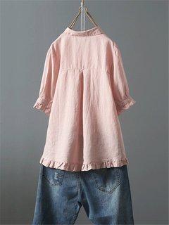 Solid Casual 3/4 Sleeve Turn-down Collar Tops