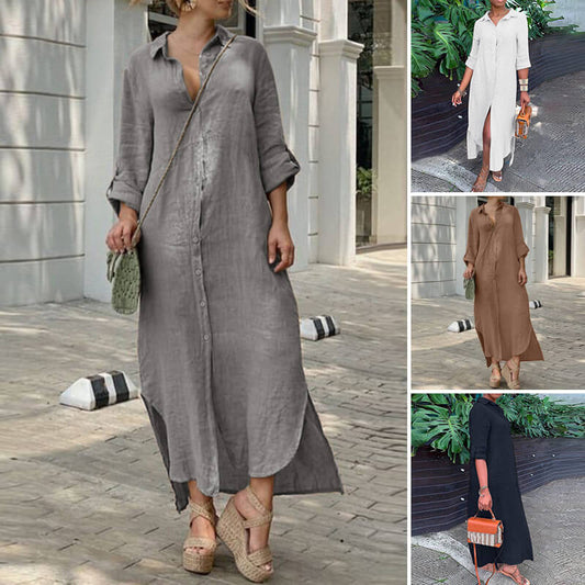 Cotton linen shirt collar button dress Long skirt