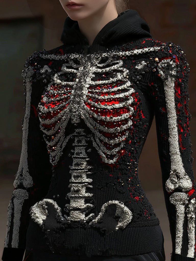 Women's Vintage Halloween Skull Sequin Art Knitted Hooded Sweater