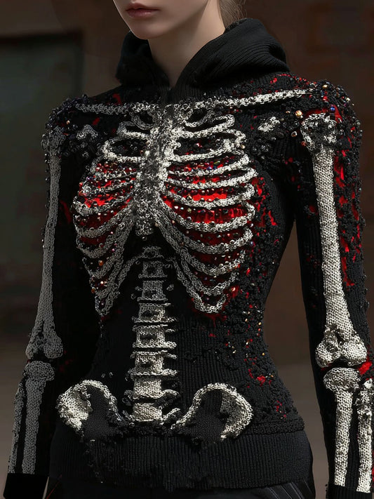 Women's Vintage Halloween Skull Sequin Art Knitted Hooded Sweater