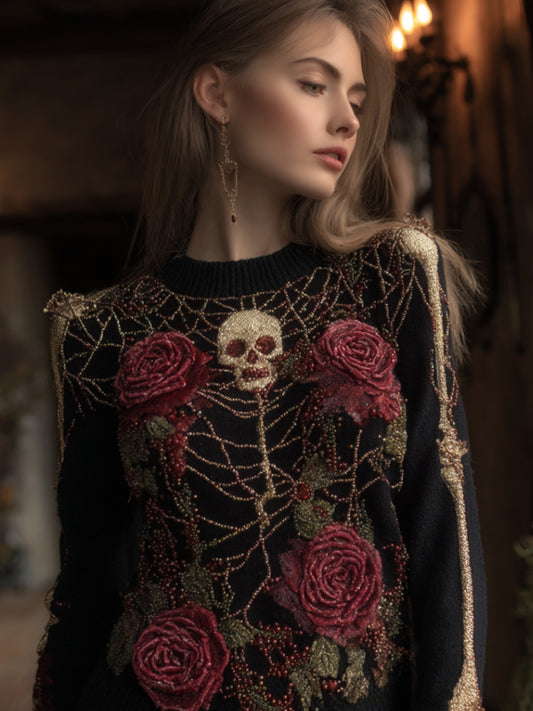 Women's Halloween Red Rose And Spider Web Retro Round Neck Sweater