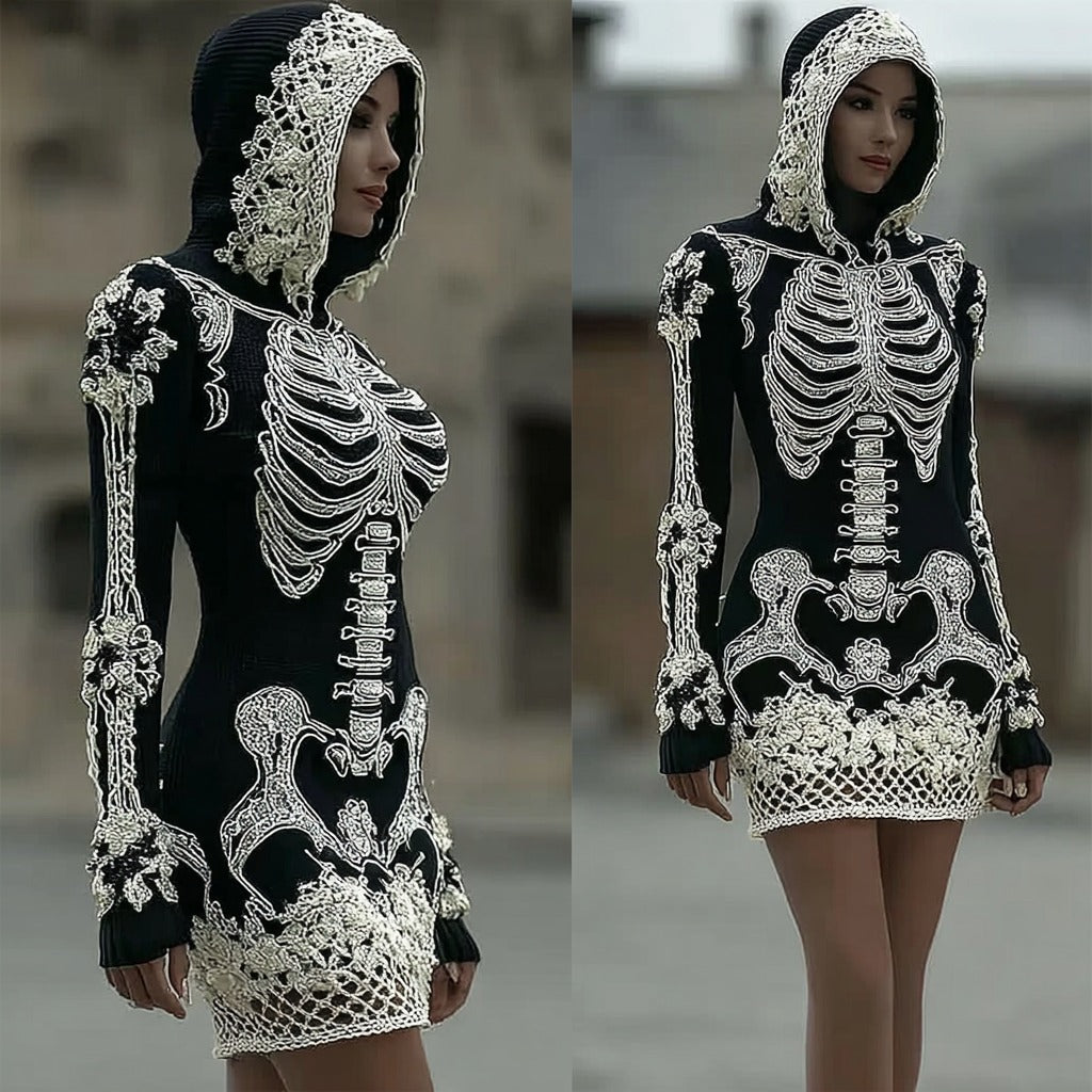 Women's Vintage Halloween Skeleton Bones With Rose Art Cozy Knit Hooded Sweater Dress