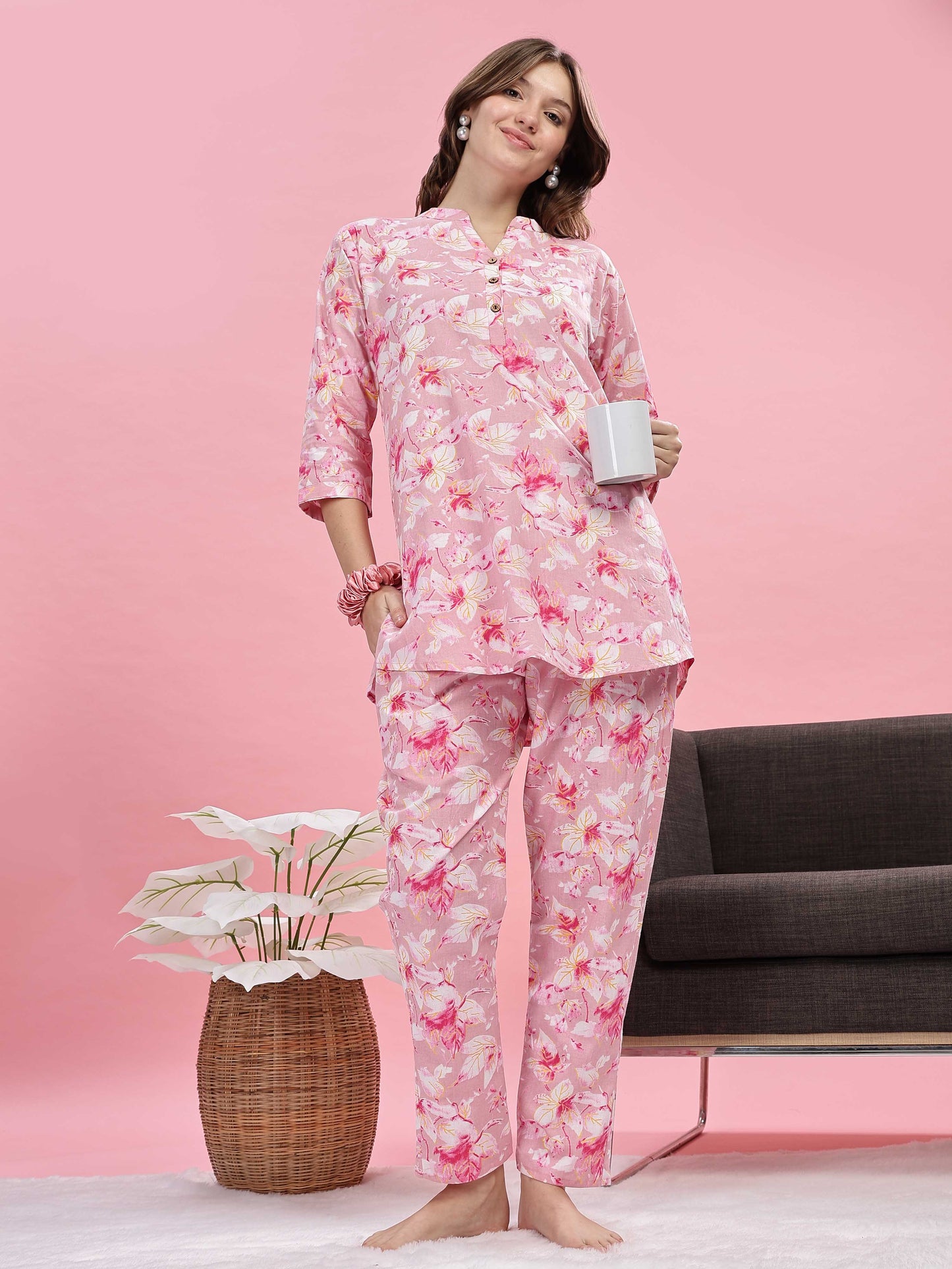 Soft Pink Cotton Pyjama Set for Women Comfortable Sleepwear