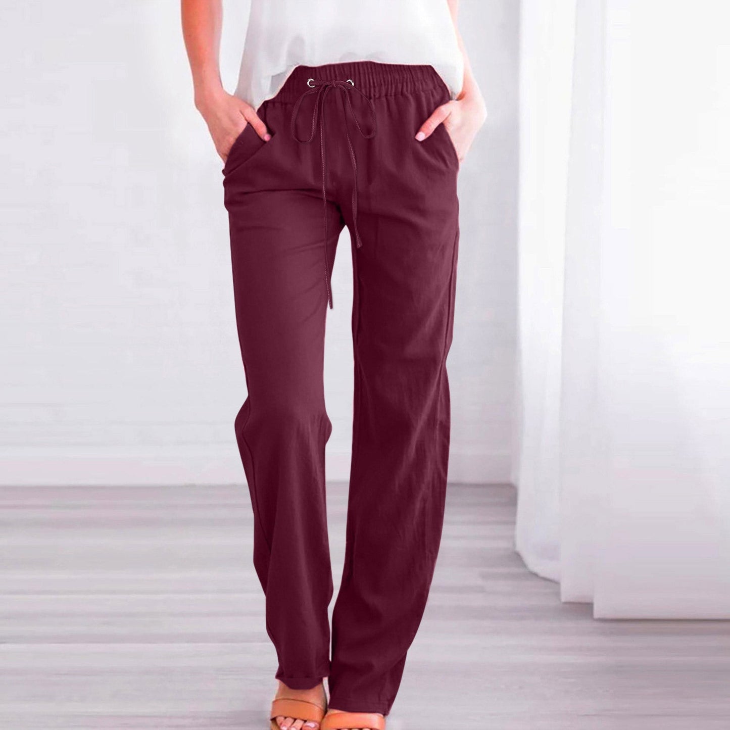 Solid color cotton and linen drawstring loose casual wide-leg trousers