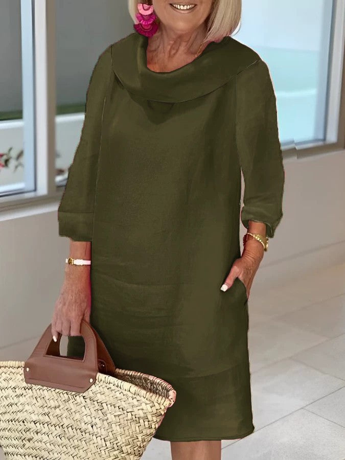Cotton linen long-sleeved casual solid color dress