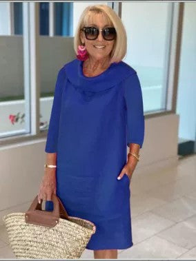 Cotton linen long-sleeved casual solid color dress