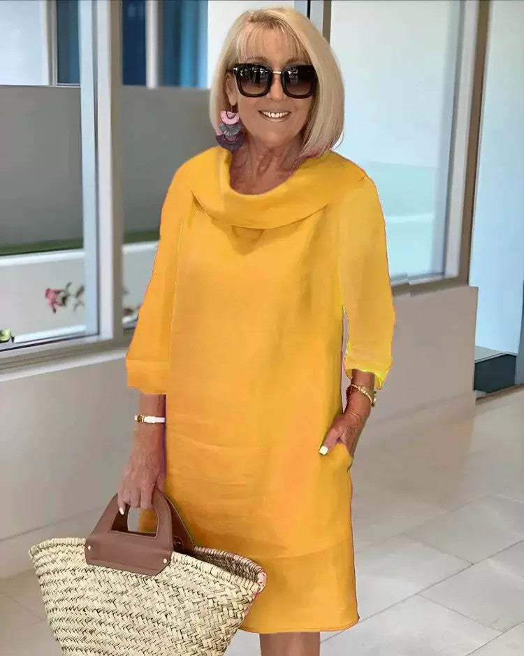 Cotton linen long-sleeved casual solid color dress