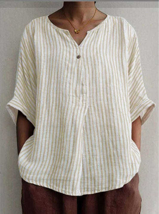 V-neck striped loose short-sleeved cotton and linen shirt casual top