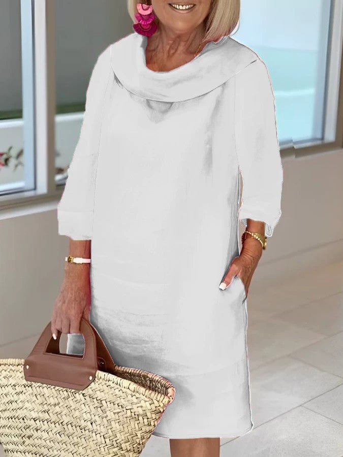 Cotton linen long-sleeved casual solid color dress