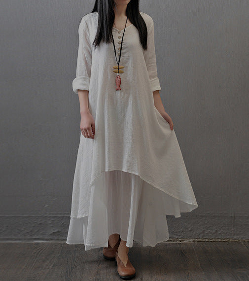 Casual loose fake two-piece long-sleeved cotton and linen dress