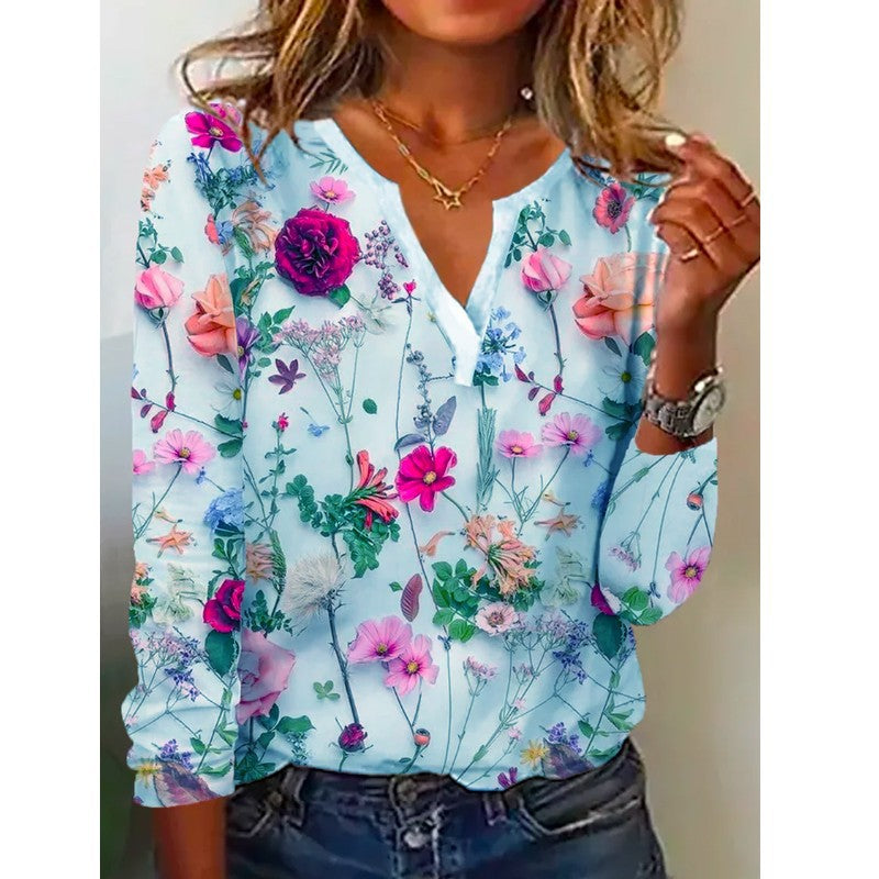 V-neck Printed Long-sleeved T-shirt